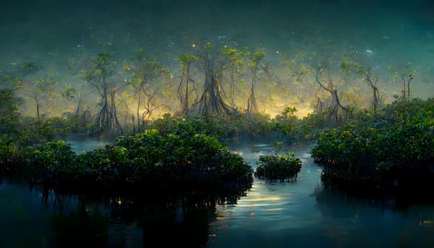 mangroves on the banks of the river at night, neural network generated art. Digitally generated image. Not based on any actual scene or pattern.