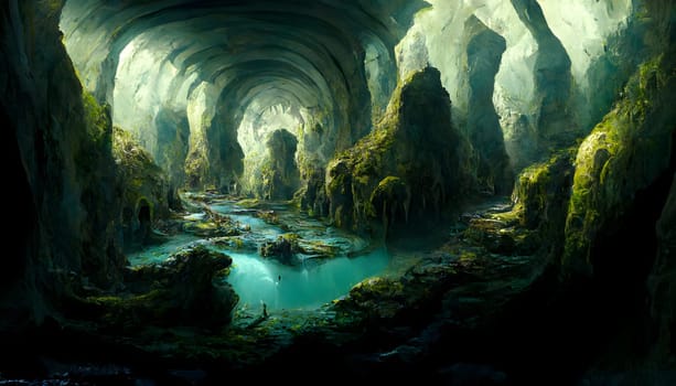 fantastic green cave, neural network generated art. Digitally generated image. Not based on any actual scene or pattern.