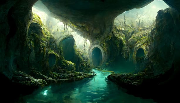 fantastic green cave, neural network generated art. Digitally generated image. Not based on any actual scene or pattern.