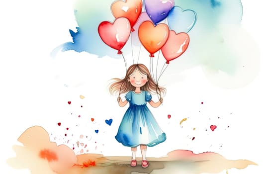 Smiling cute girl in a bright blue dress posing while holding balloons and flowers in her hands. Mothers day. Women's holidays. The 8th of March. Valentin