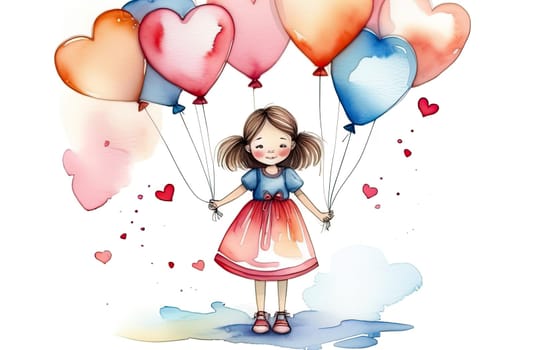 Smiling cute girl in a bright blue dress posing while holding balloons and flowers in her hands. Mothers day. Women's holidays. The 8th of March. Valentin