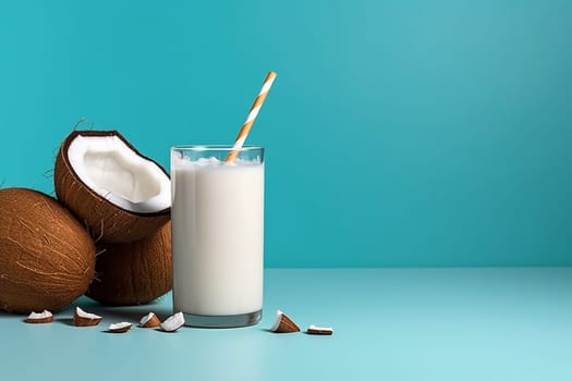 A glass of milk with a straw alongside a cracked coconut on a blue background.