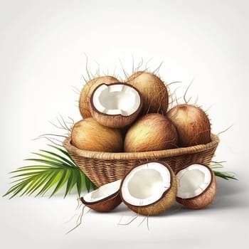 Fresh coconuts in a basket, one cut open showing white flesh.