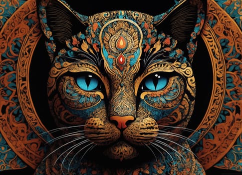A captivating image of a cat adorned with intricate designs and patterns. The feline s piercing blue eyes are accentuated by the golden and teal ornamental details that cover its face and extend into the dark backdrop.