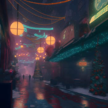 christmas night in cyberpunk city street, neural network generated art. Digitally generated image. Not based on any actual scene or pattern.