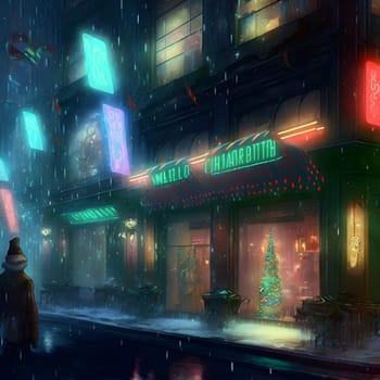 christmas night in cyberpunk city, neural network generated art. Digitally generated image. Not based on any actual scene or pattern.