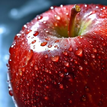 Close-up of a red apple with water droplets.