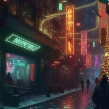 christmas night in cyberpunk city street, neural network generated art. Digitally generated image. Not based on any actual scene or pattern.