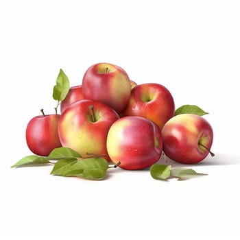 A pile of ripe red apples with green leaves on white background.