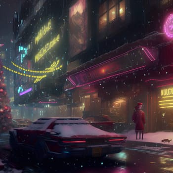 christmas night in cyberpunk city, neural network generated art. Digitally generated image. Not based on any actual scene or pattern.