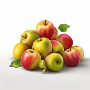 A collection of realistic red and green apples with leaves.
