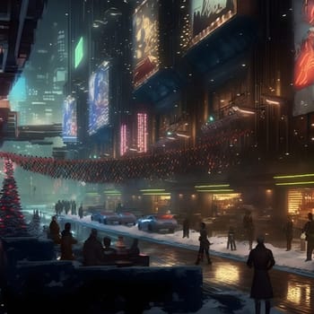 christmas night in cyberpunk city, neural network generated art. Digitally generated image. Not based on any actual scene or pattern.