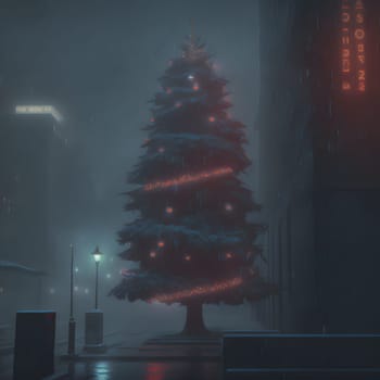 christmas night in foggy cyberpunk city street, neural network generated art. Digitally generated image. Not based on any actual scene or pattern.