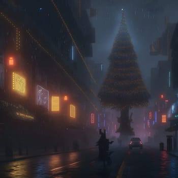 christmas night in cyberpunk city, neural network generated art. Digitally generated image. Not based on any actual scene or pattern.