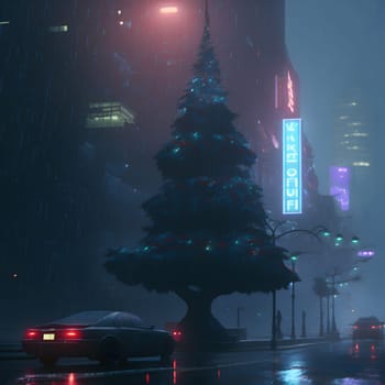 christmas night in foggy cyberpunk city street, neural network generated art. Digitally generated image. Not based on any actual scene or pattern.