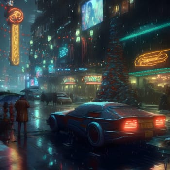 christmas night in cyberpunk city, neural network generated art. Digitally generated image. Not based on any actual scene or pattern.