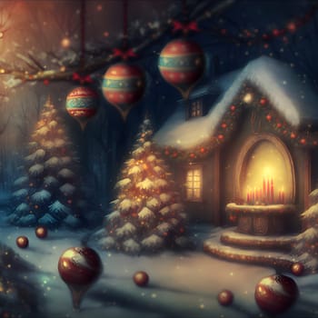 cozy fairytale winter house at snowy night, neural network generated art. Digitally generated image. Not based on any actual scene or pattern.
