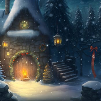 cozy fairytale winter house at snowy night, neural network generated art. Digitally generated image. Not based on any actual scene or pattern.