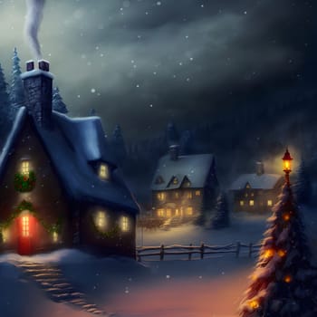 cozy fairytale winter houses at snowy night, neural network generated art. Digitally generated image. Not based on any actual scene or pattern.