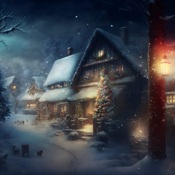 cozy fairytale winter houses at snowy night, neural network generated art. Digitally generated image. Not based on any actual scene or pattern.