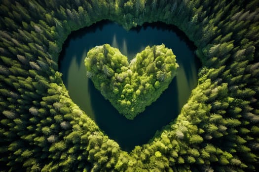 A lake and an island in the forest in the shape of a heart aerial view. Love for nature, ecology, clean nature, environmental protection. Generative AI.