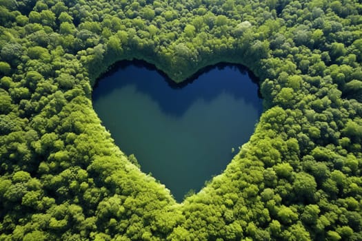 A lake and in the forest in the shape of a heart aerial view. Love for nature, ecology, clean nature, environmental protection. Generative AI.