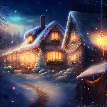 cozy fairytale winter house at snowy night, neural network generated art. Digitally generated image. Not based on any actual scene or pattern.