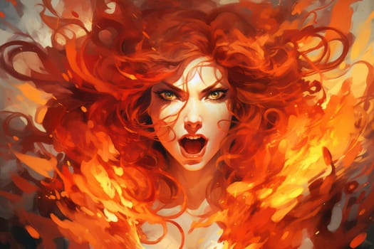 Beauty in Flames: A Fiery Portrait of a Young Female Model, Embracing Glamour, Fantasy, and Elegance in a Mysterious Watercolor Design