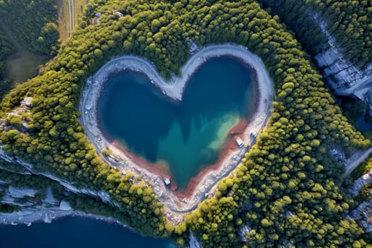 A lake and in the forest in the shape of a heart aerial view. Love for nature, ecology, clean nature, environmental protection. Generative AI.