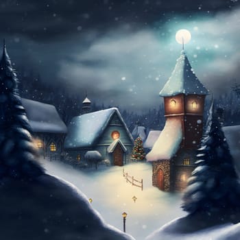 cozy fairytale winter houses at snowy night, neural network generated art. Digitally generated image. Not based on any actual scene or pattern.