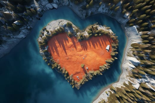 A lake and in the forest in the shape of a heart aerial view. Love for nature, ecology, clean nature, environmental protection. Generative AI.