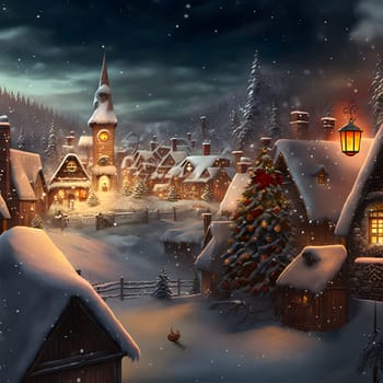 cozy fairytale winter houses at snowy night, neural network generated art. Digitally generated image. Not based on any actual scene or pattern.