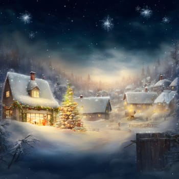 cozy fairytale winter houses at snowy night, neural network generated art. Digitally generated image. Not based on any actual scene or pattern.