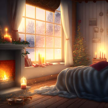 cozy christmas interior with large window bed, fireplace and candles, neural network generated art. Digitally generated image. Not based on any actual scene or pattern.