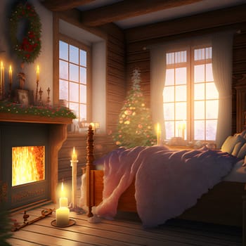 cozy christmas interior with large window bed, fireplace and candles, neural network generated art. Digitally generated image. Not based on any actual scene or pattern.