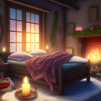 cozy christmas interior with large window bed, fireplace and candles, neural network generated art. Digitally generated image. Not based on any actual scene or pattern.