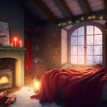 cozy christmas interior with large window bed, fireplace and candles, neural network generated art. Digitally generated image. Not based on any actual scene or pattern.