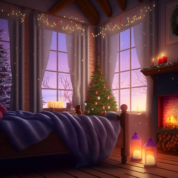 cozy christmas interior with large window bed, fireplace and candles, neural network generated art. Digitally generated image. Not based on any actual scene or pattern.