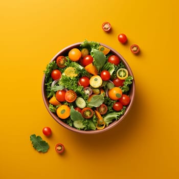 Fresh vibrant salad with assorted vegetables on yellow background
