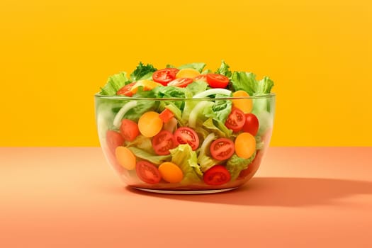 Fresh vegetable salad in a glass bowl on orange backdrop.