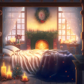 cozy christmas interior with large window bed, fireplace and candles, neural network generated art. Digitally generated image. Not based on any actual scene or pattern.