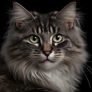 portrait of gray norwegian forest cat on black background, neural network generated art. Digitally generated image. Not based on any actual scene or pattern.