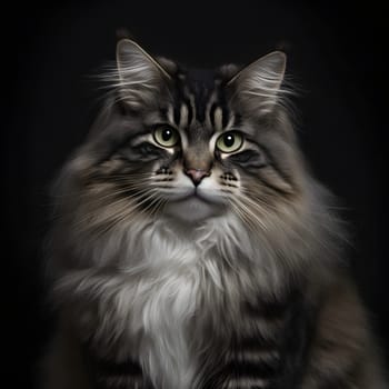 portrait of gray norwegian forest cat on black background, neural network generated art. Digitally generated image. Not based on any actual scene or pattern.