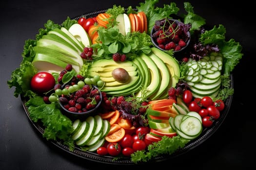 Assorted fresh vegetables artfully arranged on a platter showcasing a variety of colors and shapes