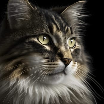 portrait of gray norwegian forest cat on black background, neural network generated art. Digitally generated image. Not based on any actual scene or pattern.