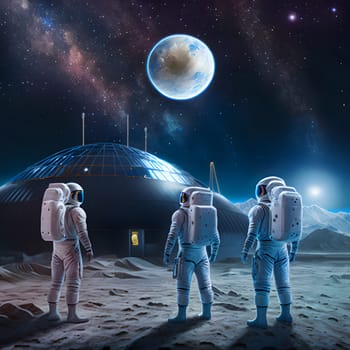 three austronauts in white space suits on moon surface with geodesic dome base in the background, neural network generated art. Digitally generated image. Not based on any actual scene or pattern.