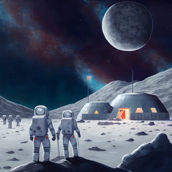 three austronauts in white space suits on moon surface with geodesic dome base in the background, neural network generated art. Digitally generated image. Not based on any actual scene or pattern.