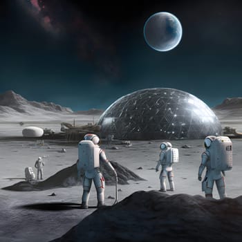 three austronauts in white space suits on moon surface with geodesic dome base in the background, neural network generated art. Digitally generated image. Not based on any actual scene or pattern.