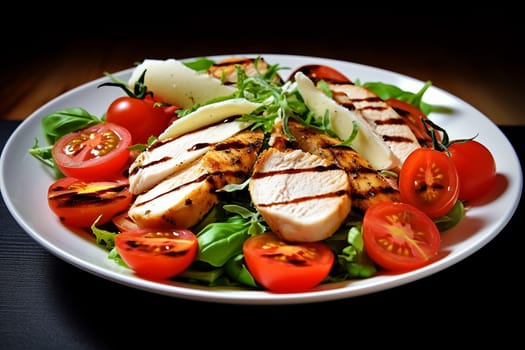 Grilled chicken on a bed of greens with tomatoes and cheese.