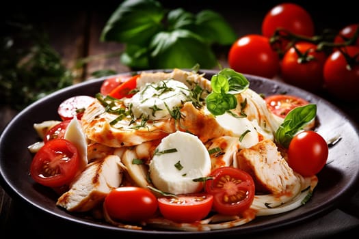 Succulent grilled chicken over pasta with creamy sauce, mozzarella, basil, and cherry tomatoes.